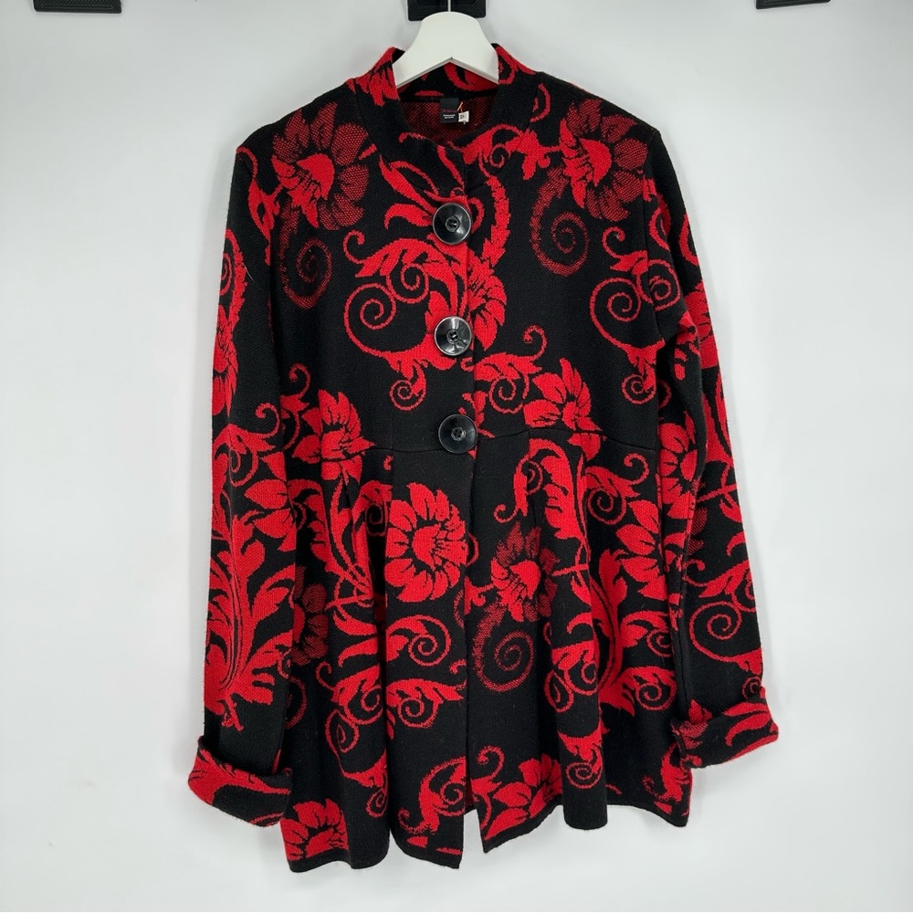 Tey Art Inc Black & Red Floral Design Alpaca Blend Sweater Jacket Medium